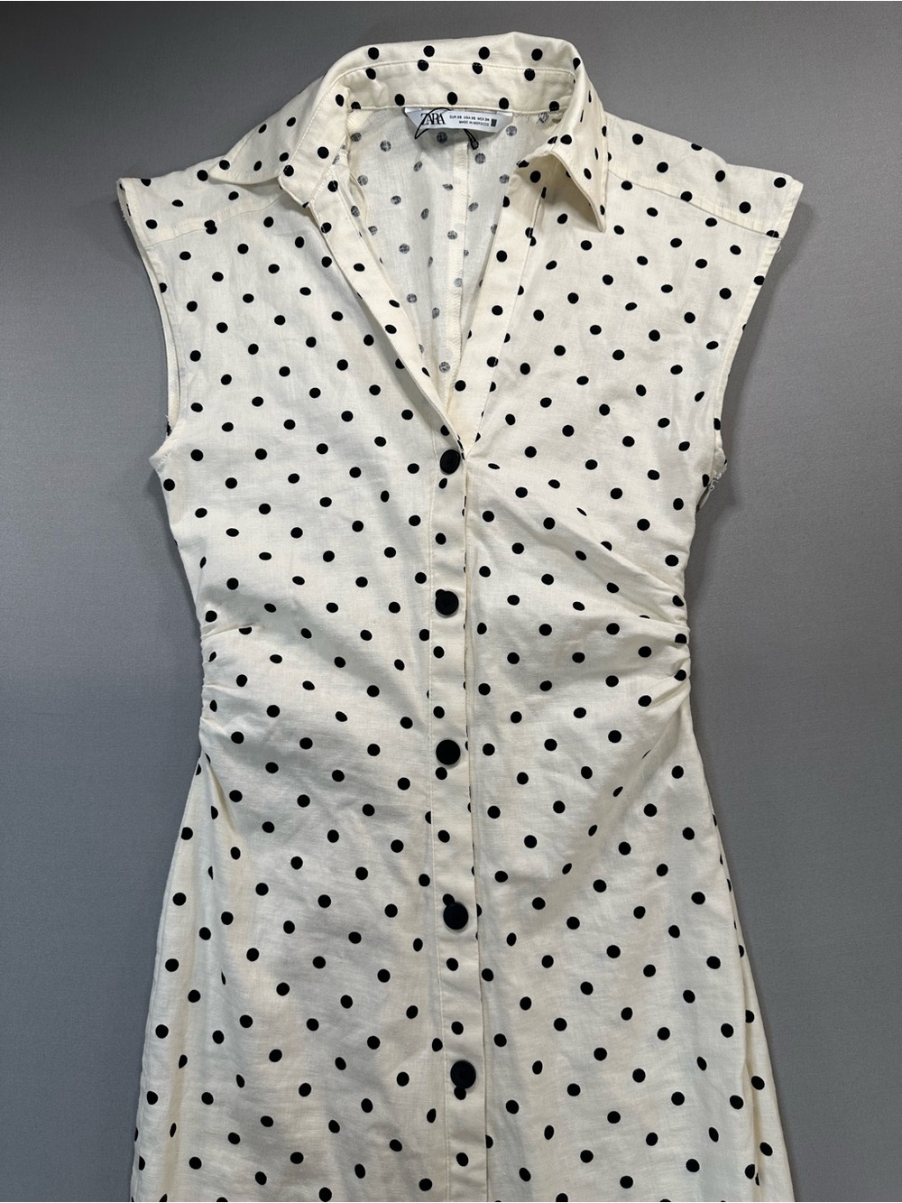 Zara Polka-Dot Linen-Blend Fitted Midi Dress, Cap Sleeve, Ruched - Womens XS - Picture 3 of 16